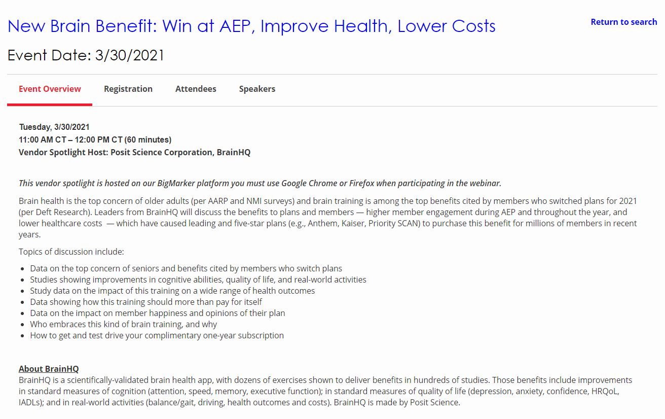 Sample Vendor Spotlight Webinar Event Page - Health Plan Alliance